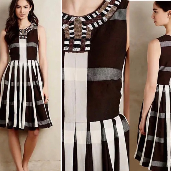 ANTHROPOLOGIE MAEVE BROWN PLEATED FIT & FLARE BEADED NECKLINE IVY LEAGUE DRESS - Picture 1 of 15